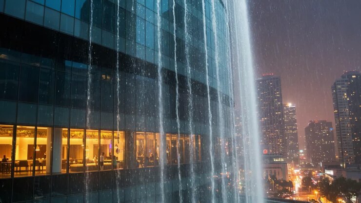 Edificio moderno con cascata d'acqua di notte in uno scenario urbano