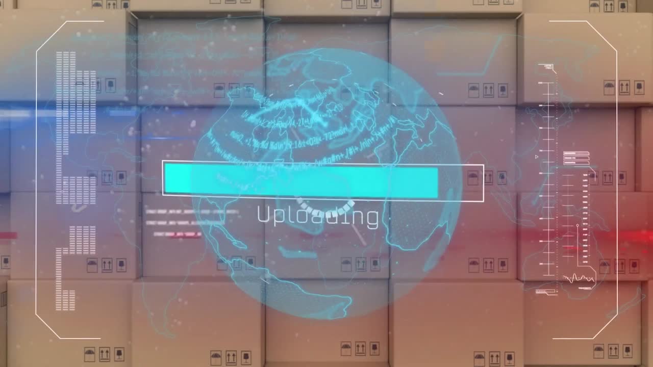 디지털 인터페이스와 데이터 처리가 회전하는 지구를 통해 카드보드 상자 스택에 대항