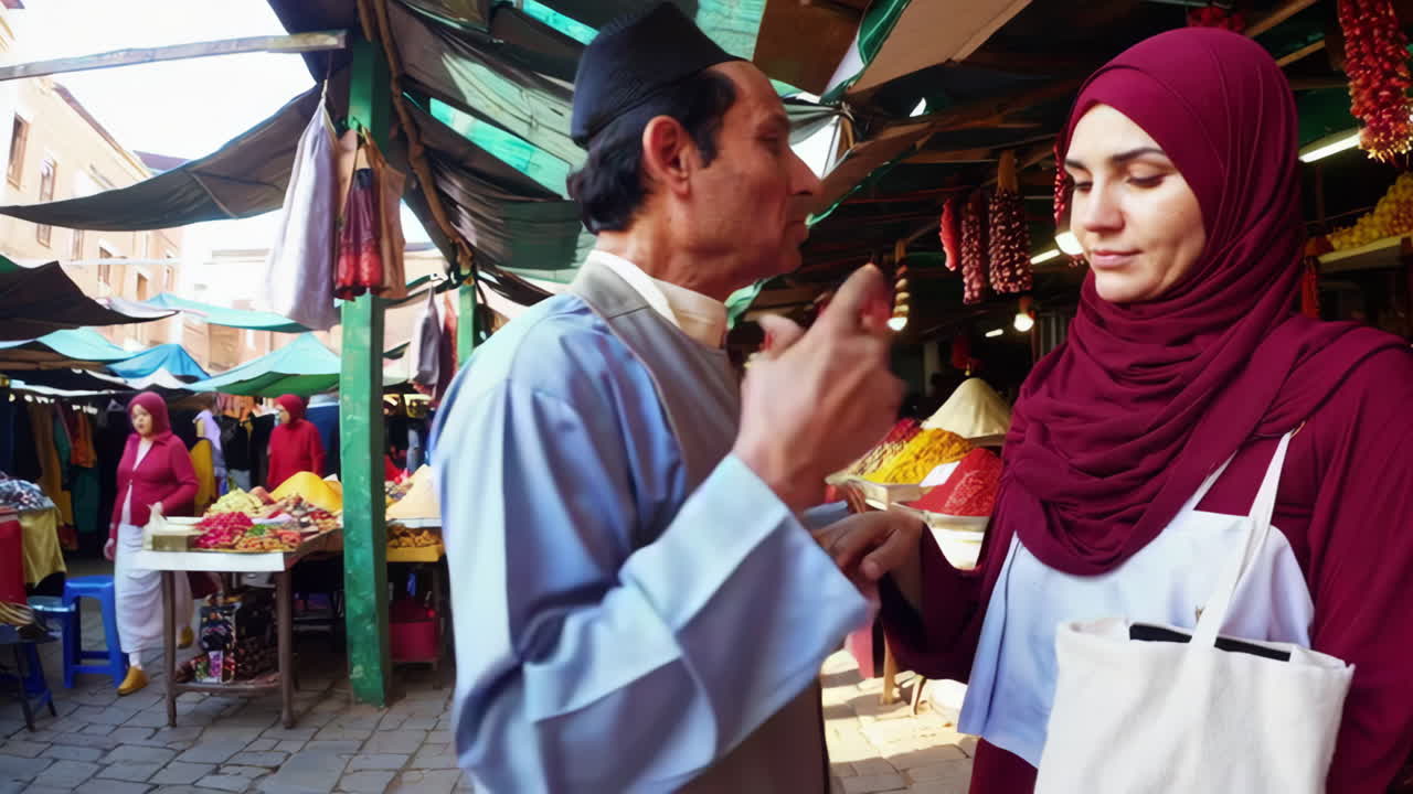 People in a bustling Moroccan spice market