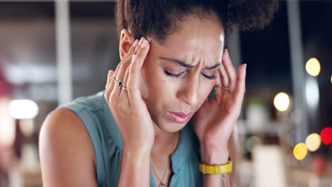 night, business and woman with headache