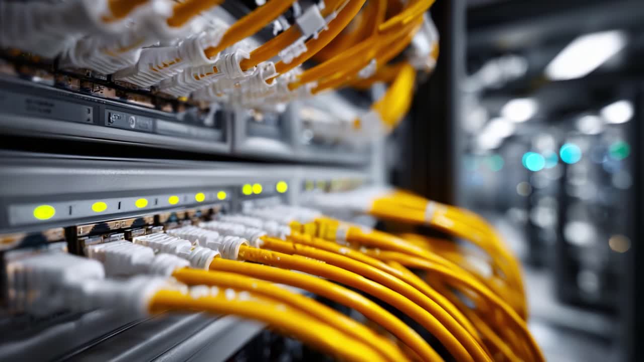 Detailed View of Network Server Room with Yellow Fiber Optic Cables Connected to Data Switches and Illuminated Status Indicators in Modern Digital Infrastructure