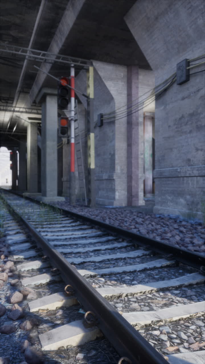 vías de tren bajo un puente en una zona industrial