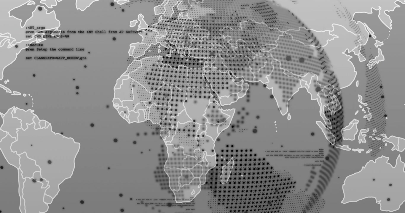 Halftone dot ring starting globe rotating tracing continents plus pulsing code overlay showing data