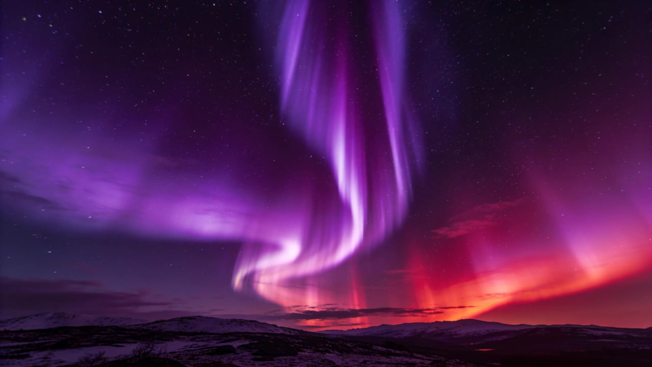 Il vento solare spinge le tende aurorali che si stringono in nastri viola sopra la tundra, con l'orizzonte rosso che si illumina.