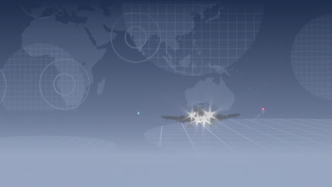 animación del procesamiento de datos sobre el plano, el mapa del mundo, el globo y el cielo