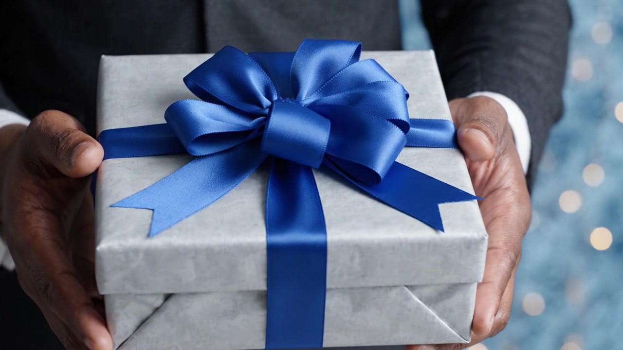 A Person Holding a Beautifully Wrapped Gift Box with a Blue Bow, Perfect for Special Occasions and Celebrations, Symbolizing Thoughtfulness and Generosity