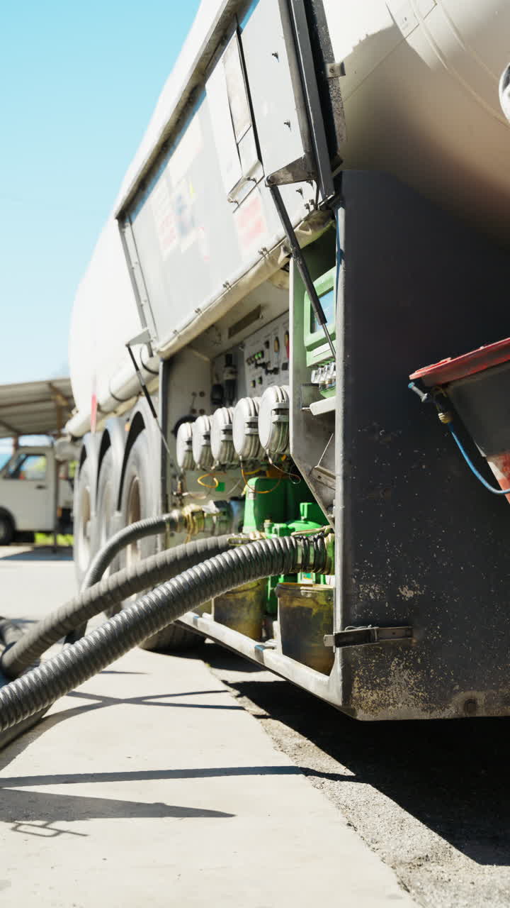 Autocisterna rifornisce di carburante un distributore di benzina tramite tubi durante la crisi di carenza di carburante.