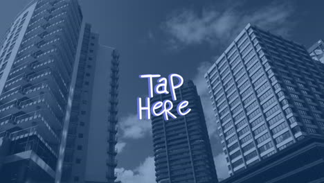 animación de toque aquí texto con líneas sobre el paisaje urbano moderno