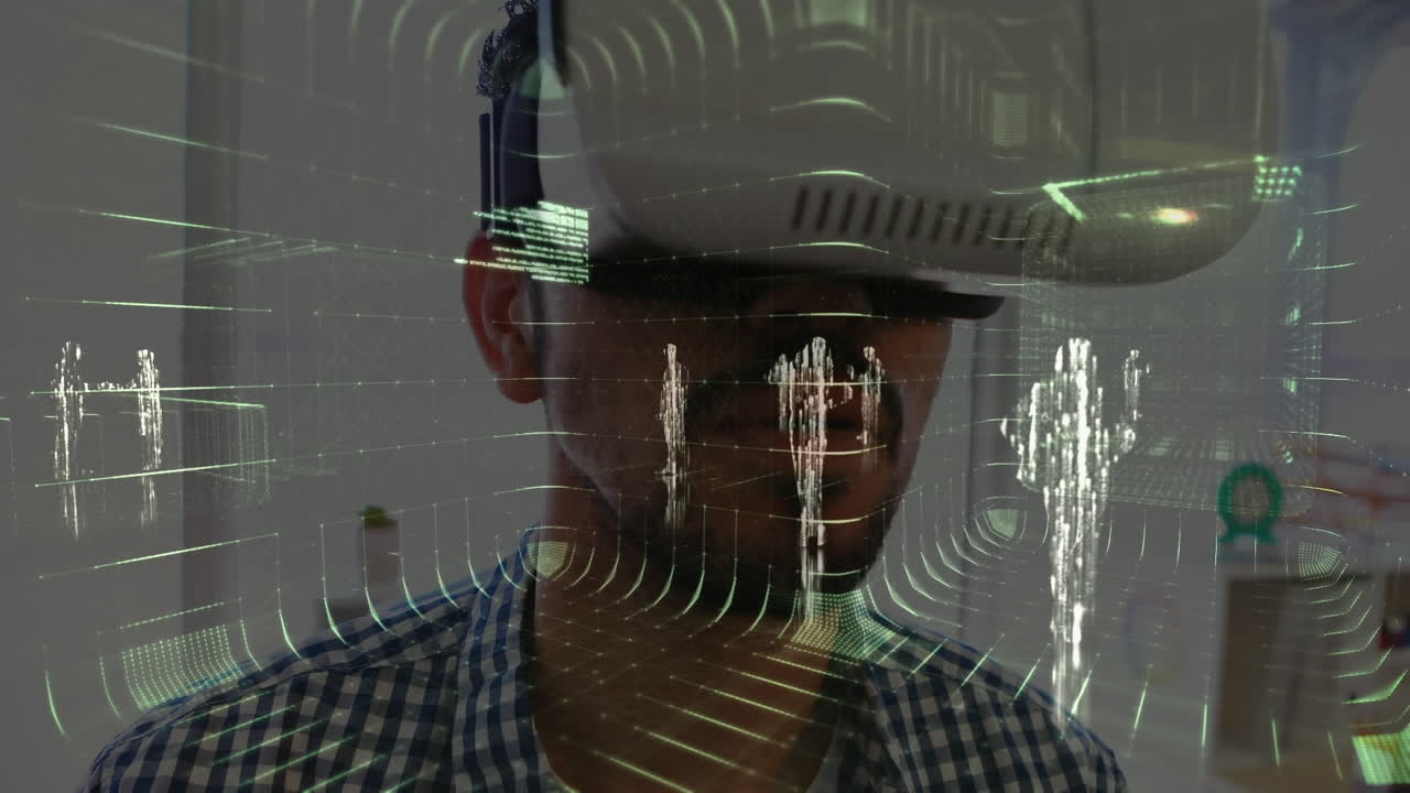 animación del procesamiento de datos sobre el hombre que usa auriculares vr