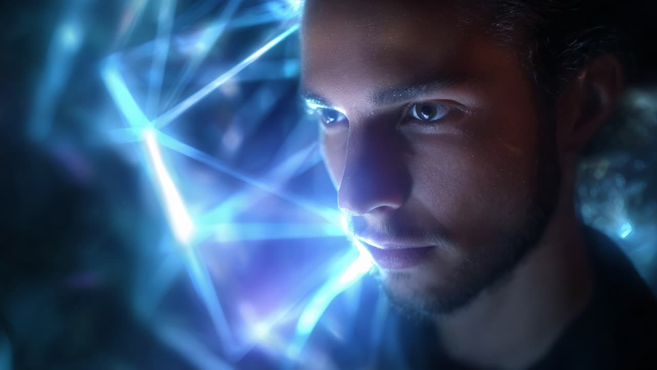 Um jovem focado observa uma etérea exibição de luz, capturando a essência da tecnologia e da emoção em um momento visual cativante.