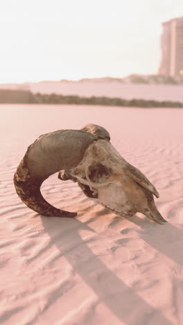 ram skull on the beach at sunset