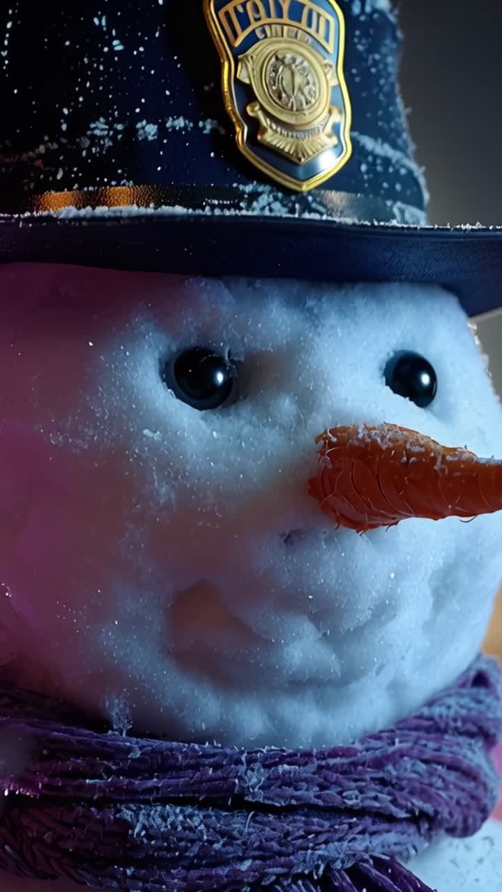 A whimsical snowman adorned in a police officer's hat brings festive cheer, embodying the holiday spirit with its snowy charm and vibrant scarf