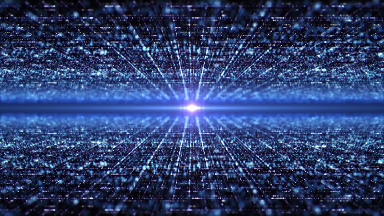 사이버 공간 디지털 배경 환경에서 미래의 디지털 생성 모션 추상 매트릭스 입자 디포커스 그리드