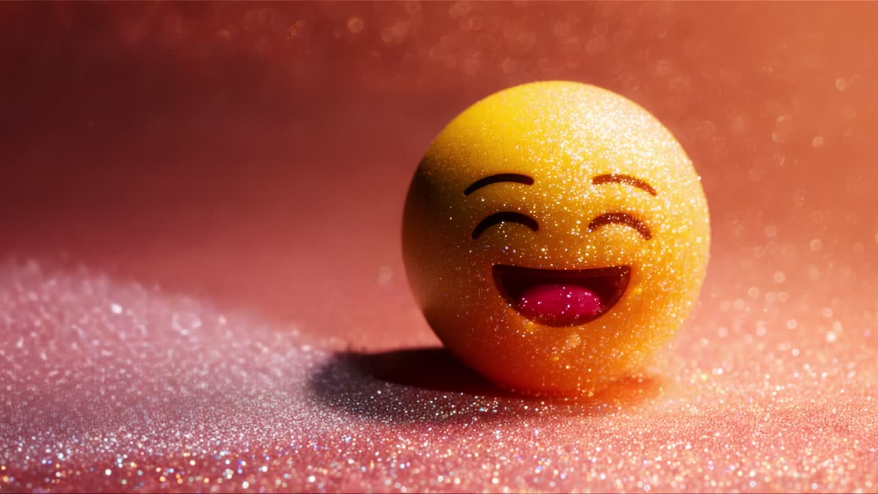 A joyful emoji, radiating happiness and playfulness, surrounded by sparkles and shimmering particles, captures the essence of positivity and fun in a whimsical, colorful setting