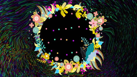 guirnalda de flores sobre un fondo de remolino líquido multicolor