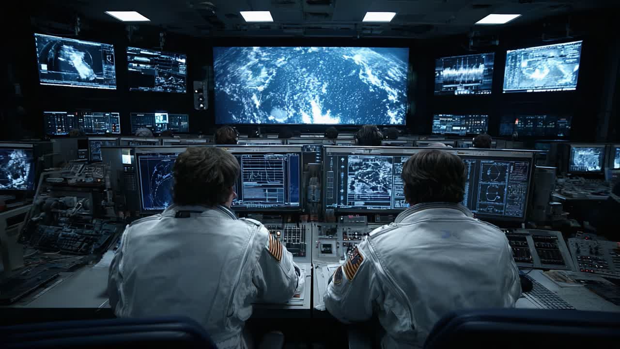 Astronauts in Control Room Monitoring Earth from Space: A Glimpse into the High-Tech Operations of Mission Control Commanding Space Exploration