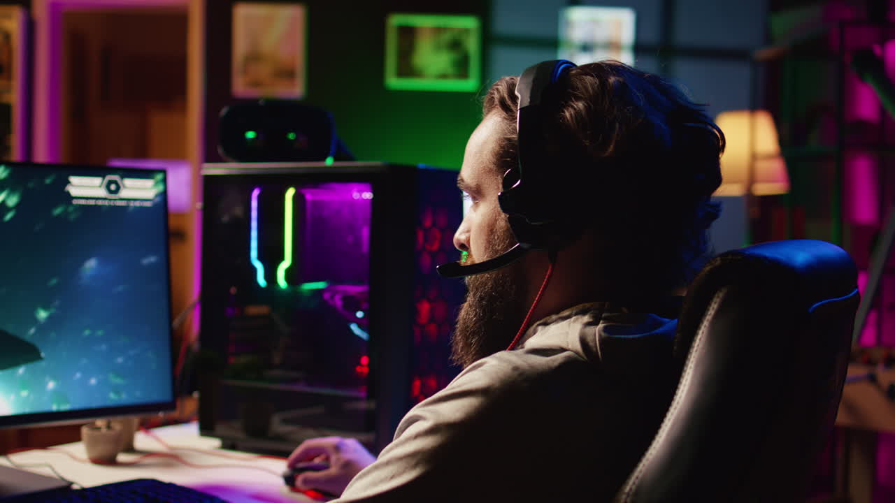 Gamer talking with friends, destroying enemy spacecrafts together, trying to finish level