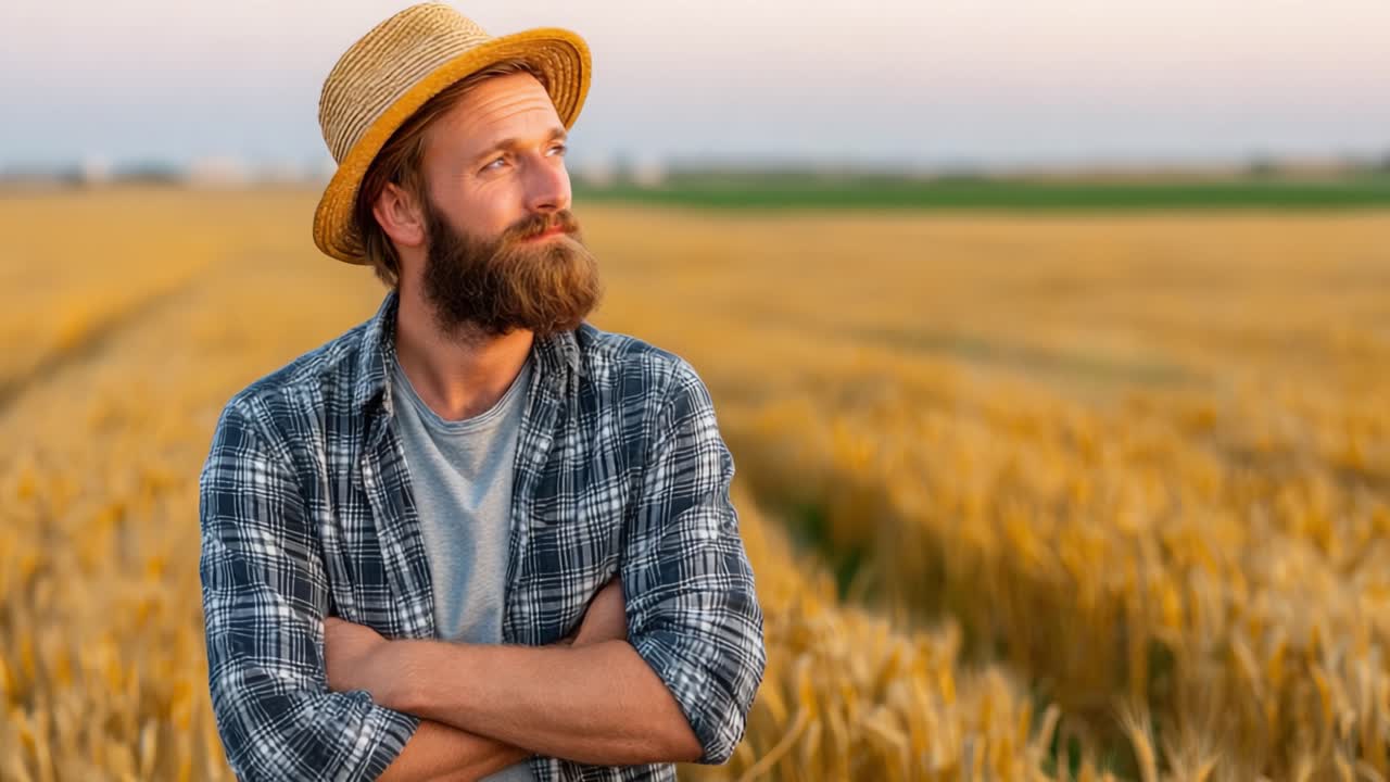 A contemplative farmer in a straw hat stands thoughtfully in a golden wheat field during sunset, embodying rural life and the beauty of nature's harvest