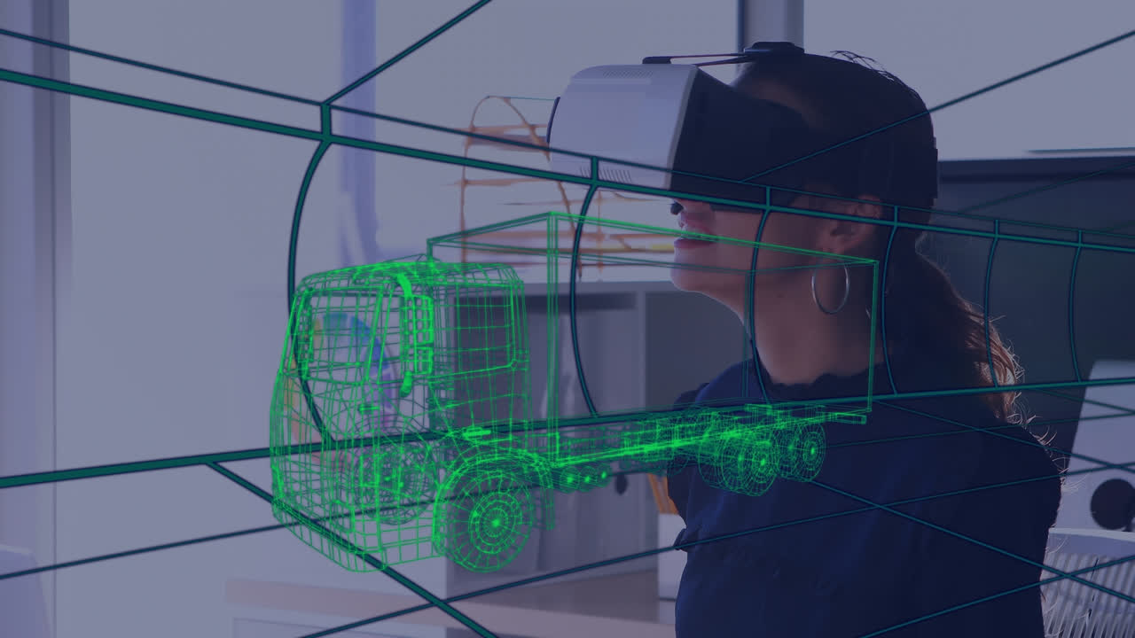 animación de dibujo 3d digital de un coche sobre una mujer usando auriculares vr