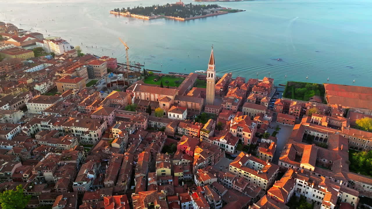 Aerial drone view of Venice City, Italy on a sunny day
