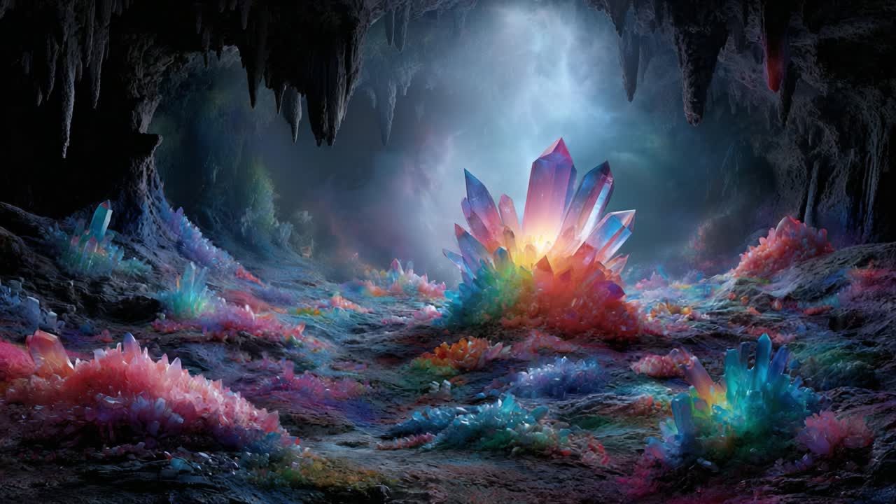 A Mesmerizing Crystal Cave: A Fanciful Exploration of Iridescent Gemstones and Enigmatic Colors in an Otherworldly Underground Landscape
