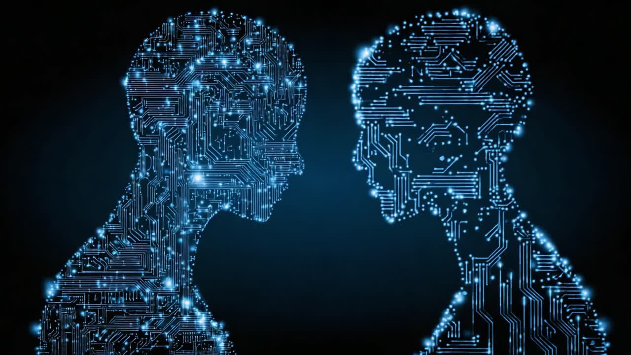 Futuristic Silhouettes of Two Human Figures Interfaced with Digital Circuits Highlighting the Intersection of Technology and Humanity in a Darkened Atmosphere