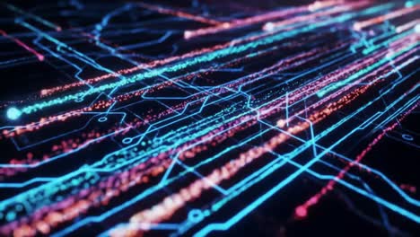an immersive journey through a colorful and intricate network of digital circuits and lines, capturing the essence of technology and innovation