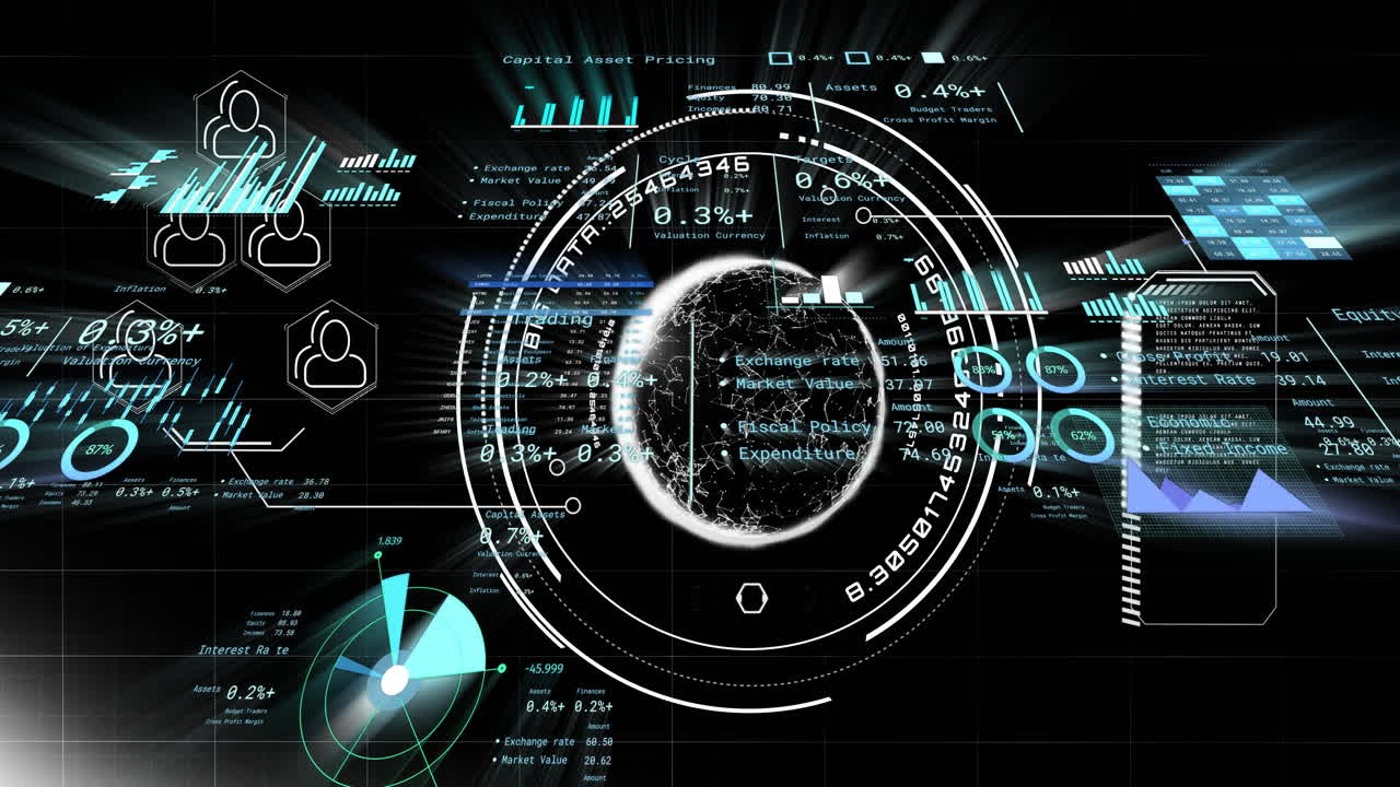 Animation of futuristic interface with globe visualization and data analytics