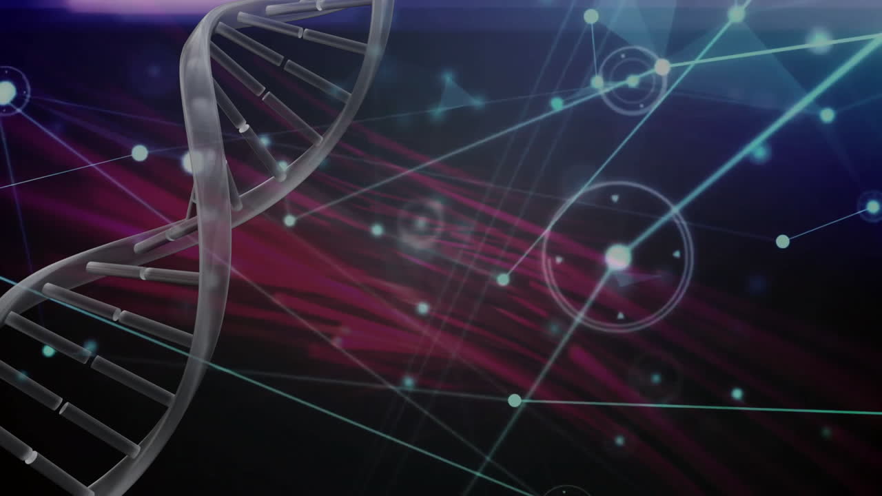 Animation of network of connections with people icons over dna strand on black background