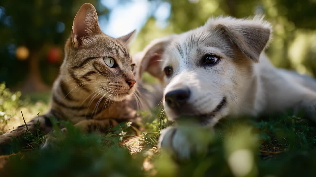 Un momento commovente tra un gatto e un cucciolo che si rilassano insieme in un ambiente verdeggiante sotto la calda luce del sole in una bella giornata all'aperto