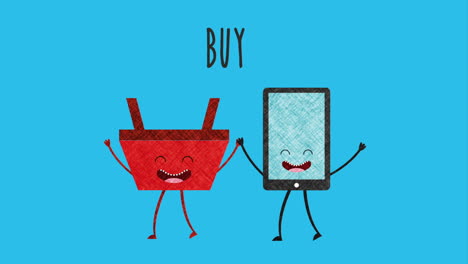 una bonita canasta de compras de dibujos animados e ilustración de un teléfono