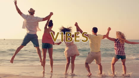 animación de vibraciones texto sobre personas felices en la playa