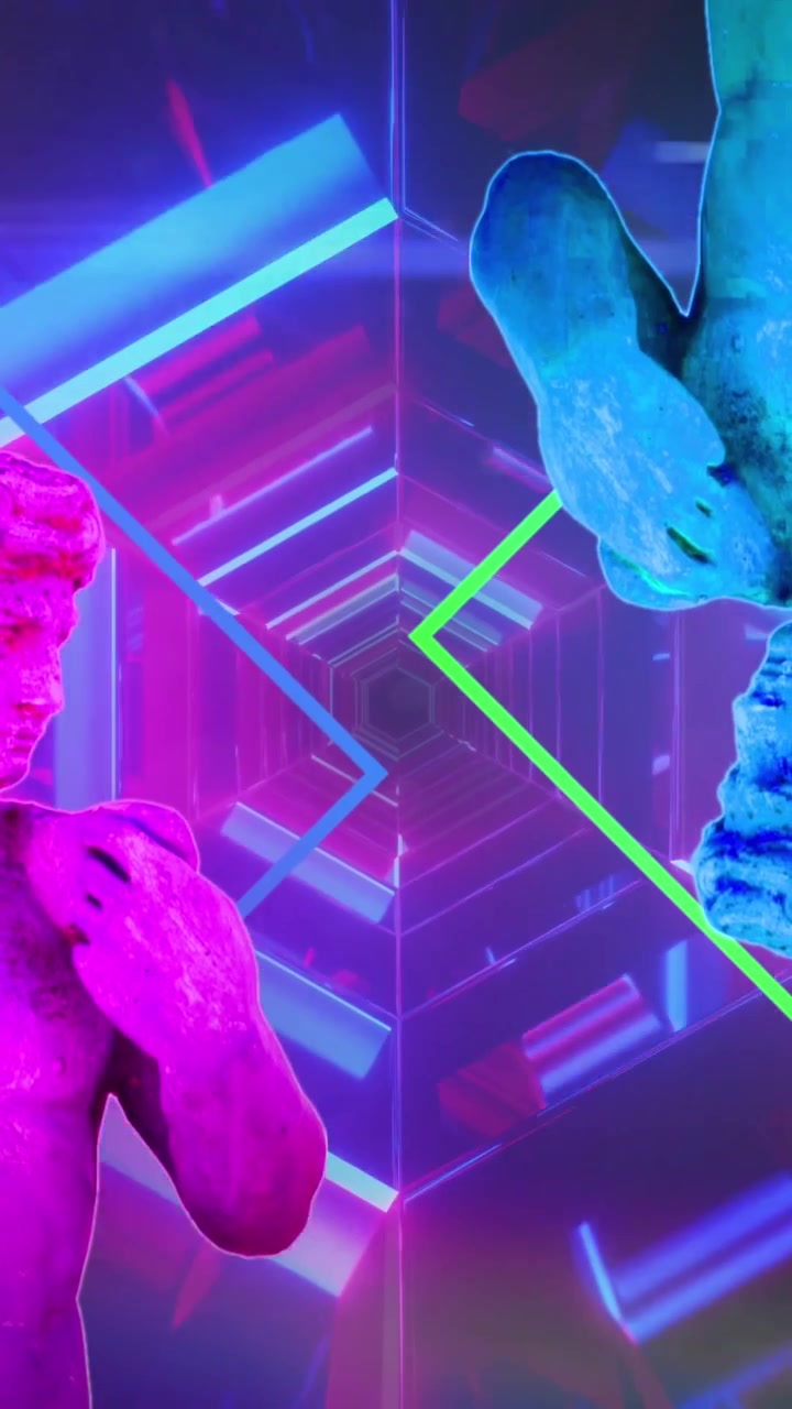 Animazione di interferenza su forme al neon e sculture su sfondo nero