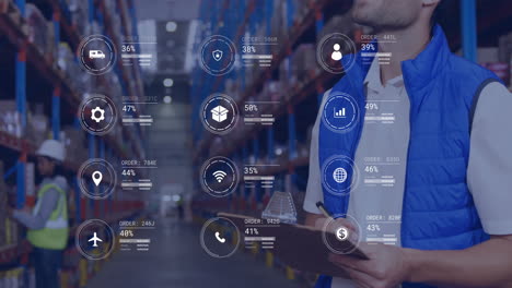 animation of icons and data processing over caucasian man working in warehouse