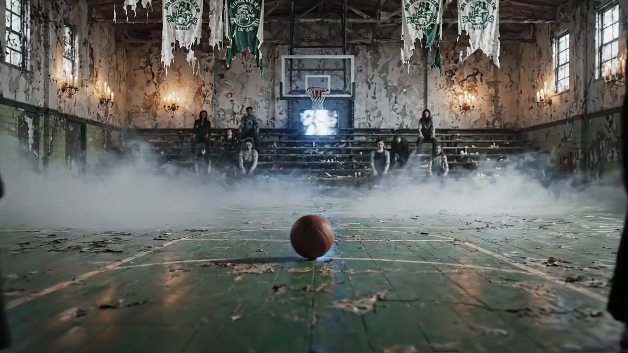 Lapangan Basket dengan Atmosfer Mencekam, Remang-remang Diterangi Lilin yang Berkedip, Menampilkan Suasana Menyeramkan yang Dipenuhi Kabut dan Keusangan, Mengundang Pemain untuk Kembali ke Permainan