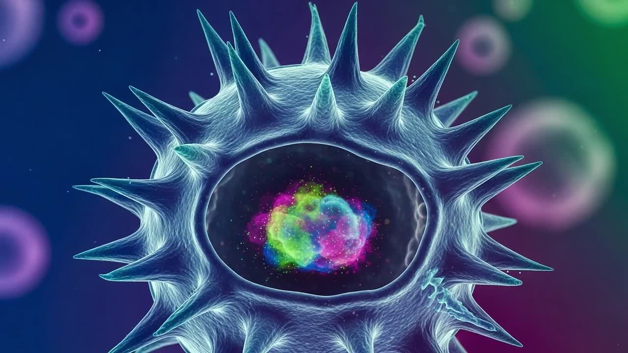 An Intricate Exploration of a Microscopic Cell with Colorful Energetic Patterns, Revealing the Depths of Cellular Structure and Activity in a Mesmerizing Display