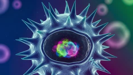 an intricate exploration of a microscopic cell with colorful energetic patterns, revealing the depths of cellular structure and activity in a mesmerizing display