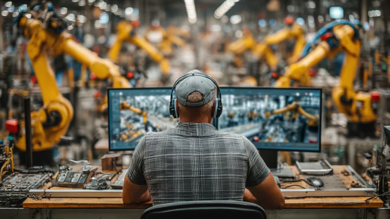 Operator Monitoring Automated Industrial Robotics in a High-Tech Manufacturing Facility with Advanced Machinery and Real-Time Data Visualization on Dual Screens