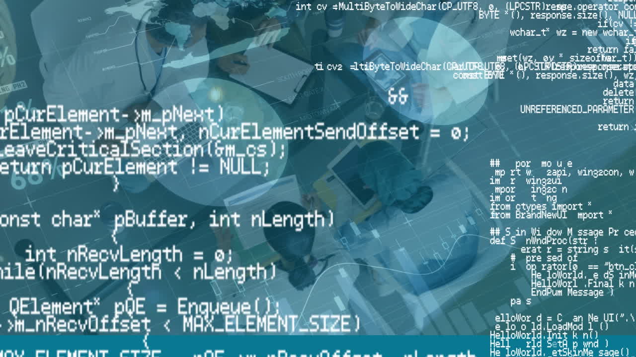 Animation of financial data processing over group of business people
