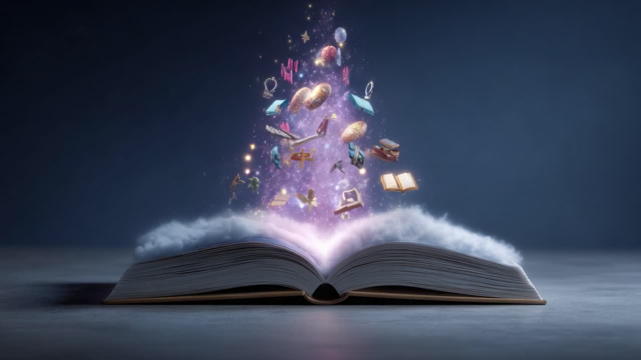 A Book of Wonders: Explore the Magical World of Imagination and Discovery with an Enchanted Open Book Emitting Mystical Objects in a Cosmic Glow