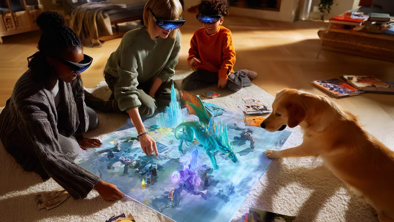 A group of children and adults engaged in a captivating augmented reality experience, exploring a vibrant digital world with fantastical creatures on a holographic display