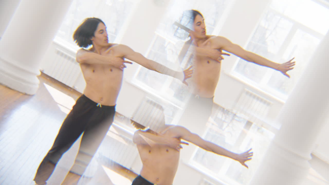 스튜디오에서 현대 무용을 수행하는 집중된 남자의 변화무쌍한 효과 3