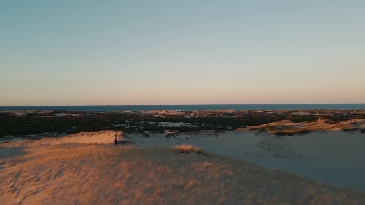 sobrevuelo aéreo estableciendo una toma de turistas explorando las dunas de provincetown