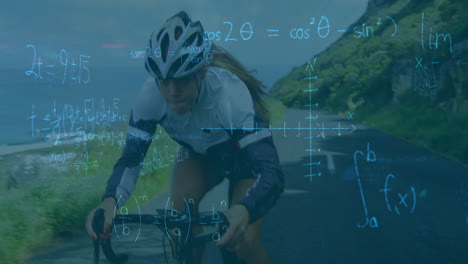 animación de ecuaciones matemáticas sobre una ciclista caucásica montando una bicicleta en la calle