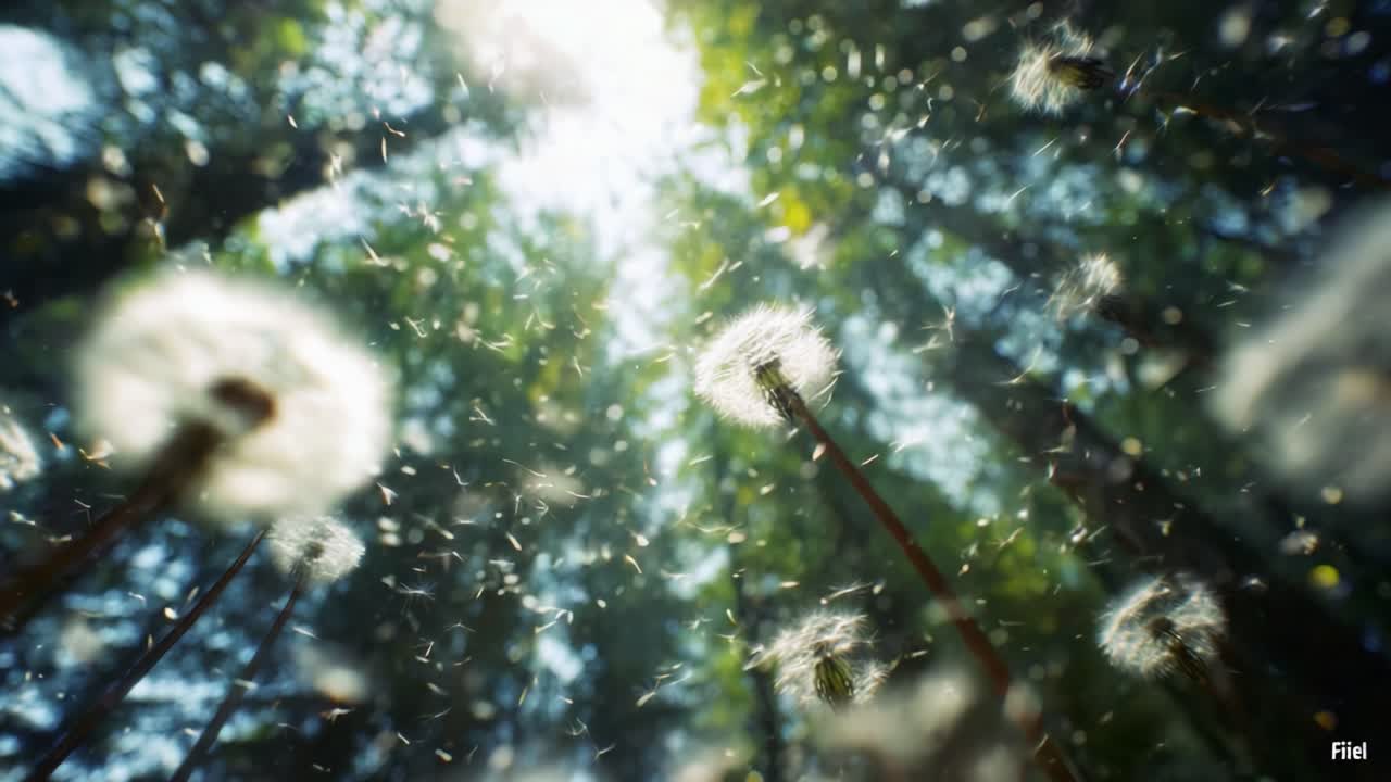 A Serene Glimpse of Nature: Dandelions in Forest with Sunlight Filtering Through the Trees Creating a Dreamy Atmosphere of Magic and Wonder