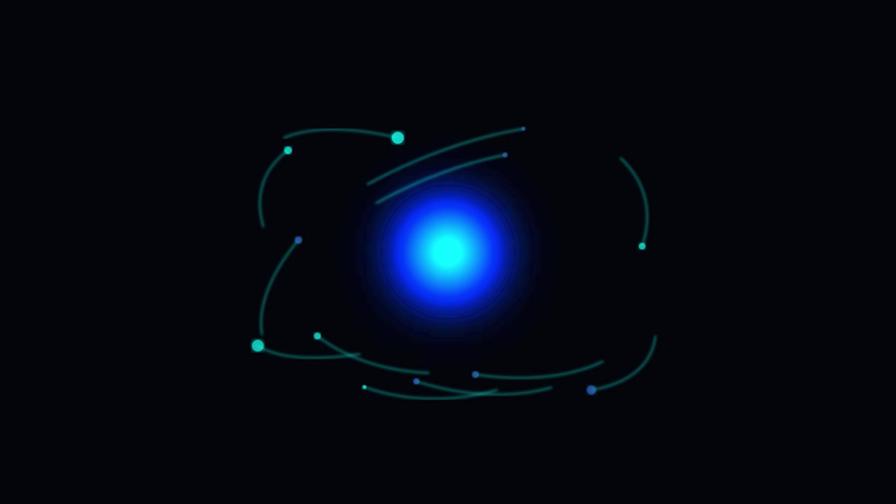 Yörüngesinde dönen parçacıklara sahip parlayan mavi atomun soyut animasyonu.