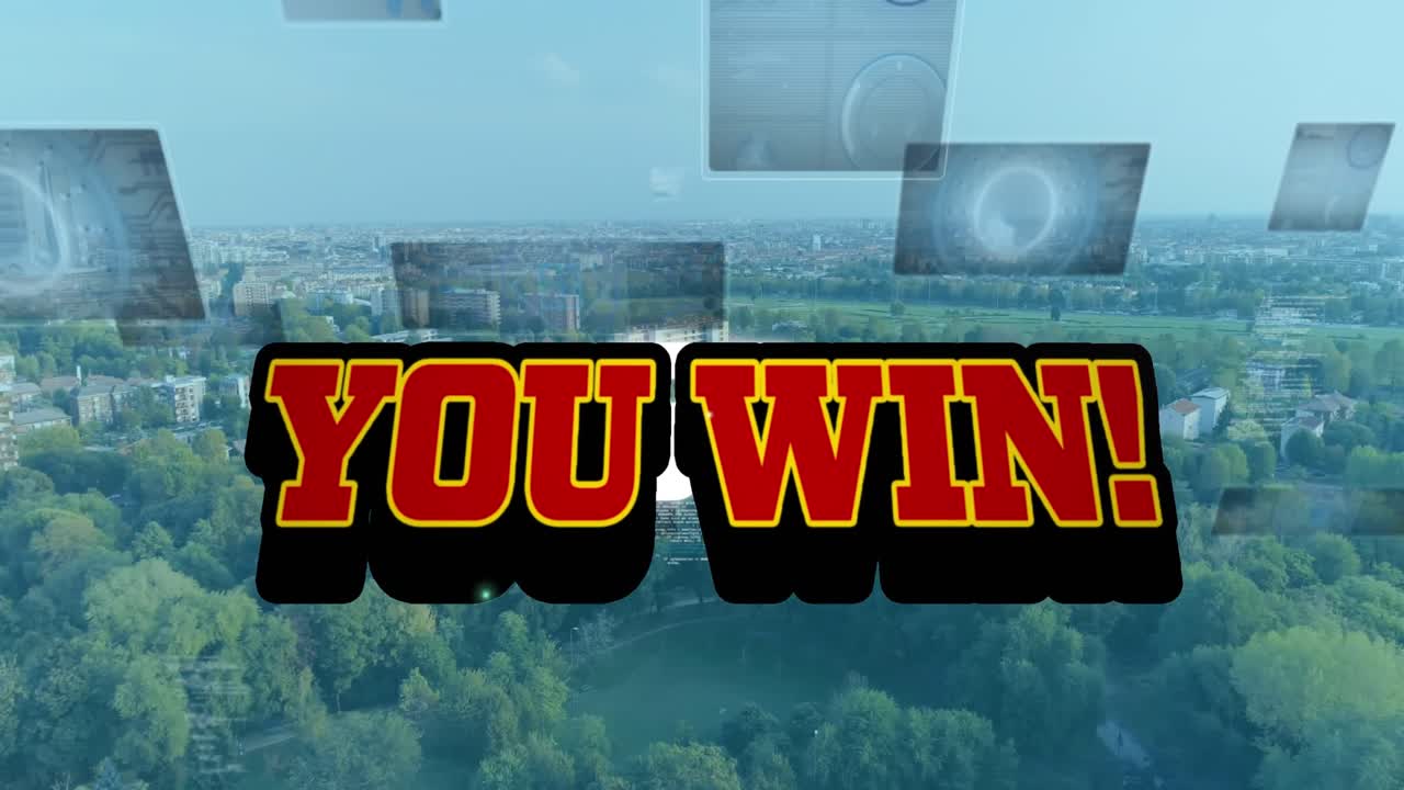 시내 풍경에 대한 텍스트 및 데이터 처리에서 승리하는 애니메이션