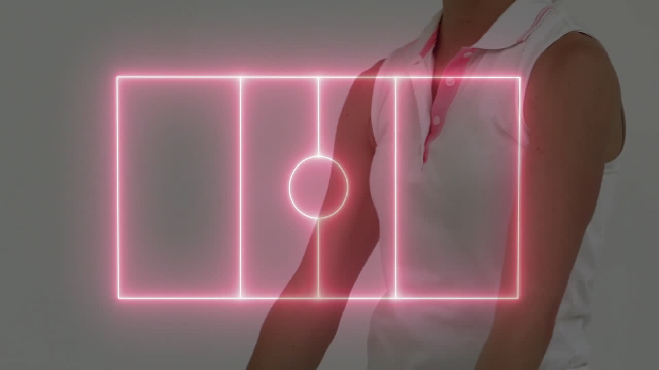 Woman boxing in studio, showcasing neon-pink sports technology field graphic overlaying torso