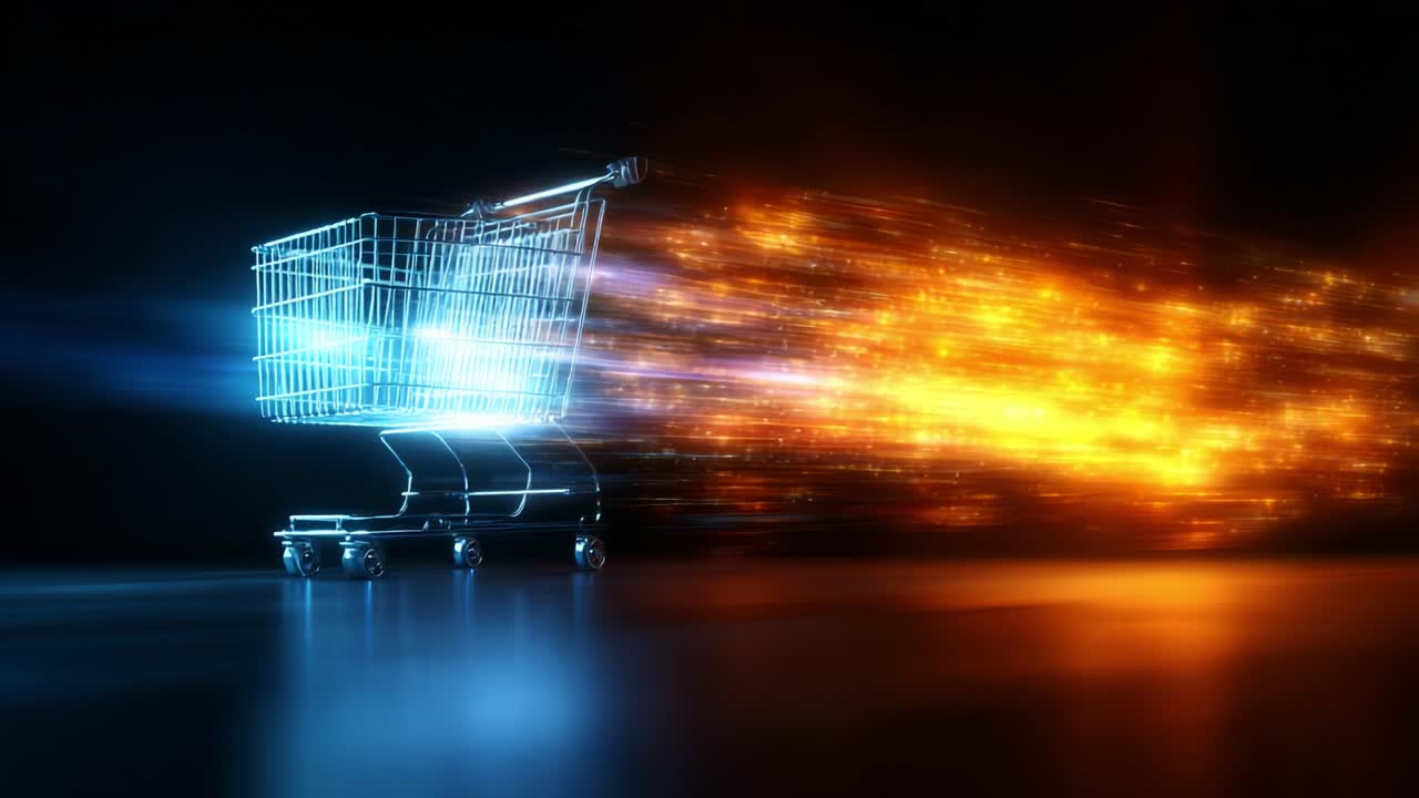 Dynamic Shopping Cart in Motion: An Artistic Representation of a Futuristic Cart Surging Forward with Bright Light Trails, Emphasizing Speed and Innovation in Shopping Experiences
