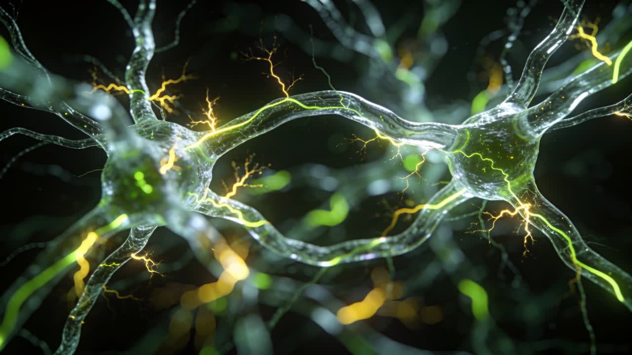 Pulsing neuron pair in dark field after node spark, sending yellow flashes across bridge signaling